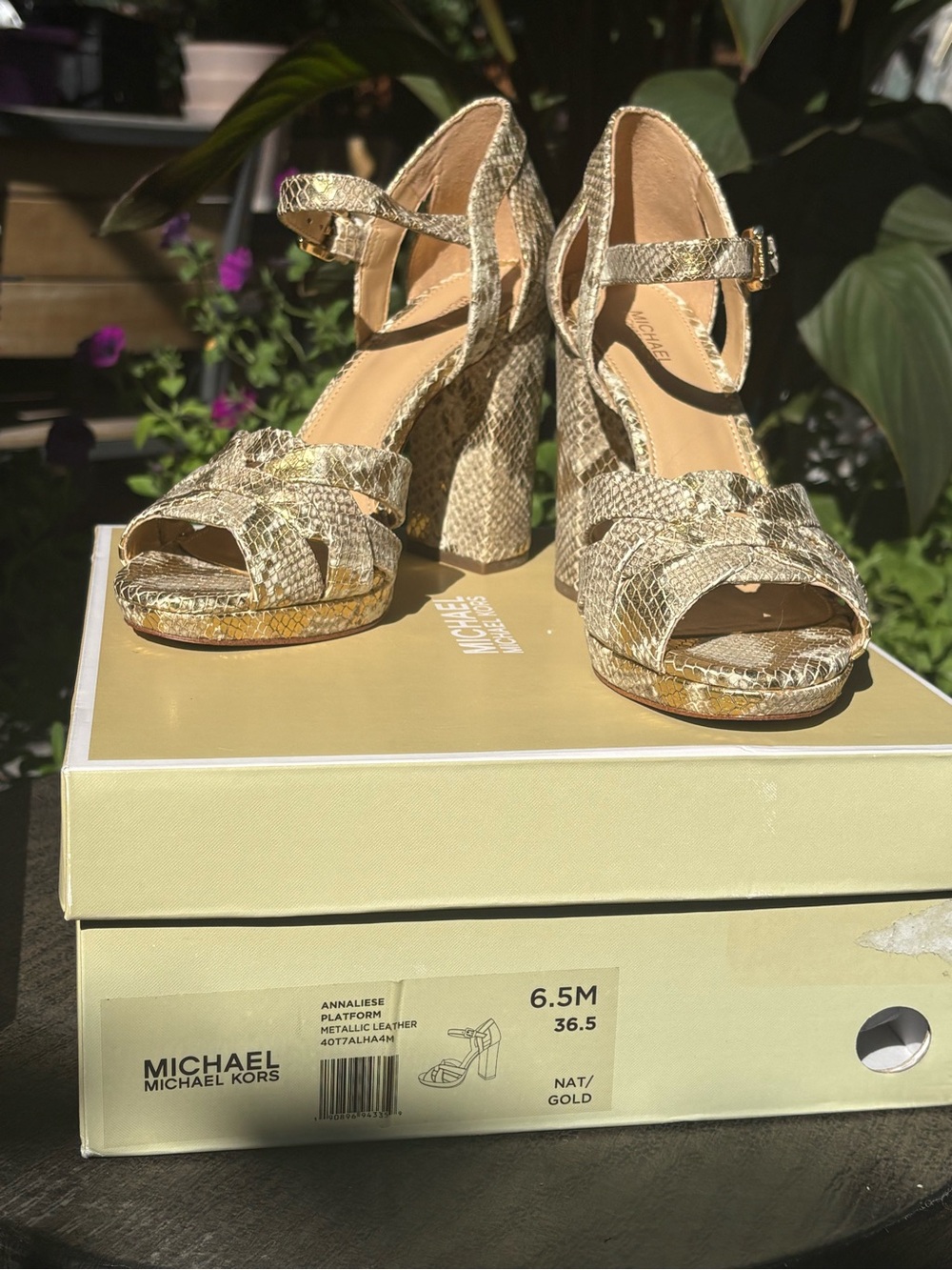 Michael Kors Metallic Snake-Print Platform Sandals in Gold